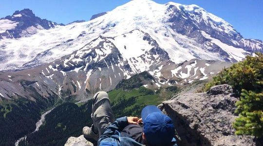 Guided hike on Mt. Rainier - old forest, falls and glacier views