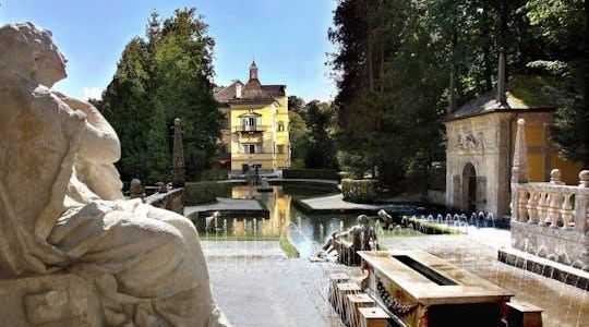Boat trip to Hellbrunn Palace with trick fountain and London double-decker bus
